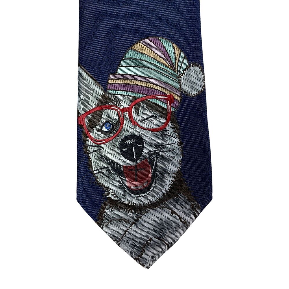 Bar III Mens Happy Holidays Skinny Pup Neck Tie Navy Blue 2.5"